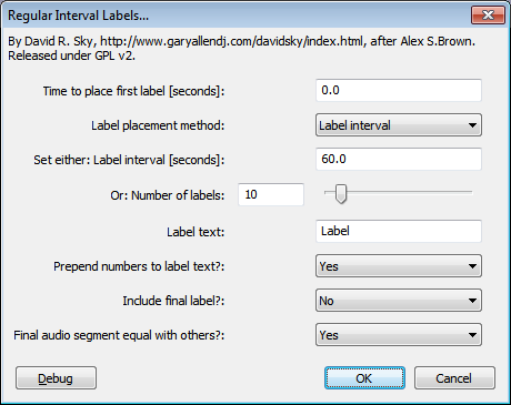 Regular interval labels dialog